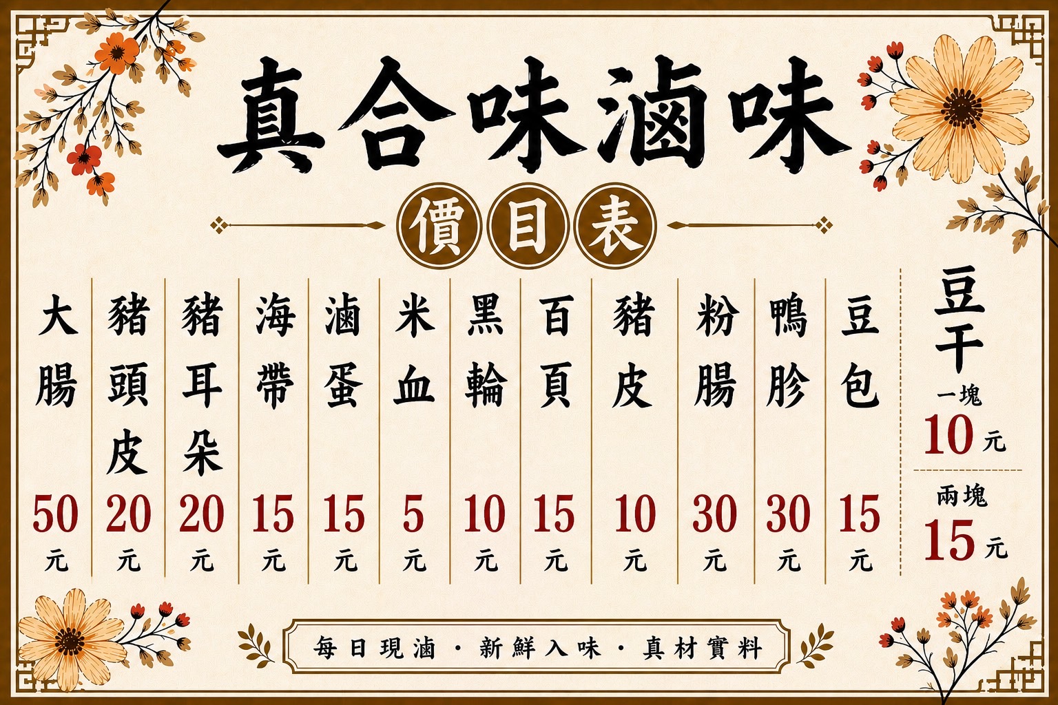 真合味滷味價目表